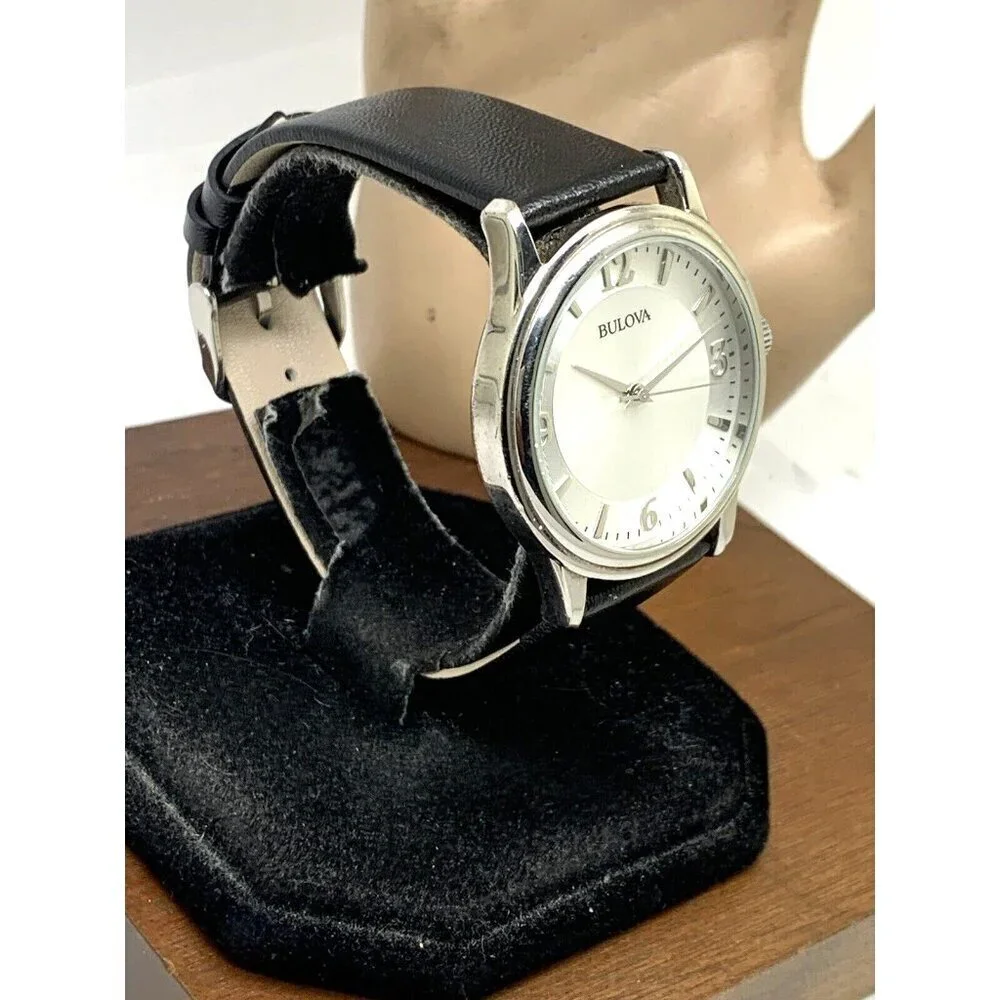 Bulova Men's Watch 96A28 Quartz Logo Silver Dial Black Leather Strap 38m…